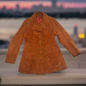 VTG 60s Suede Leather Jacket Coral Orange Tailored Slim Fit Notched Collar Boho